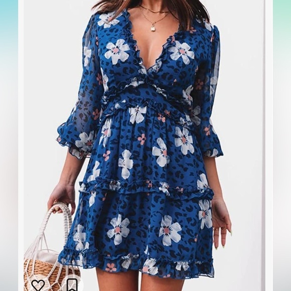 Bohemian Blue Floral Backless Drop Fit & Flare Mini‎ Dress - Picture 1 of 16